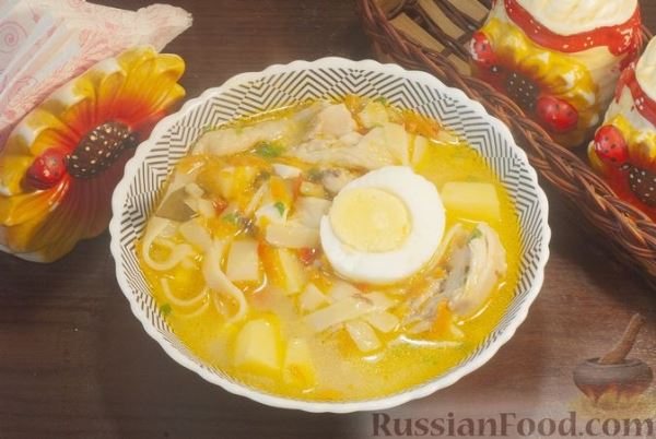 Куриный суп с лапшой и яйцом