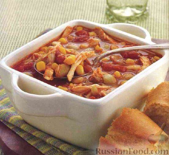 Быстрый куриный суп с фасолью, кукурузой и помидорами